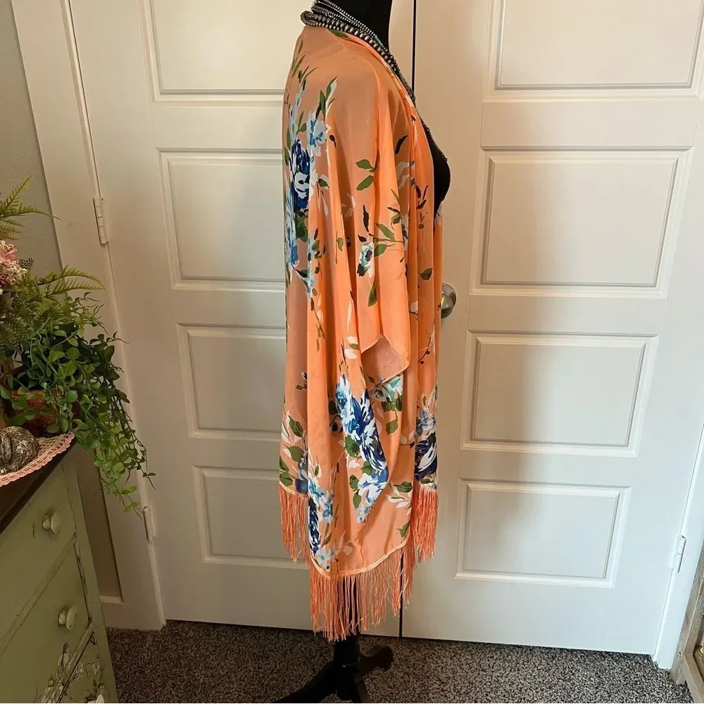 Soul Young Leopard & Floral Open Front Fringe Hem 2 Kimono Duster Blouses O/S - Picture 14 of 16